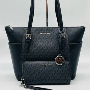 Michael Kors Large Top Zip Tote Bag Black & Continental Wallet Black